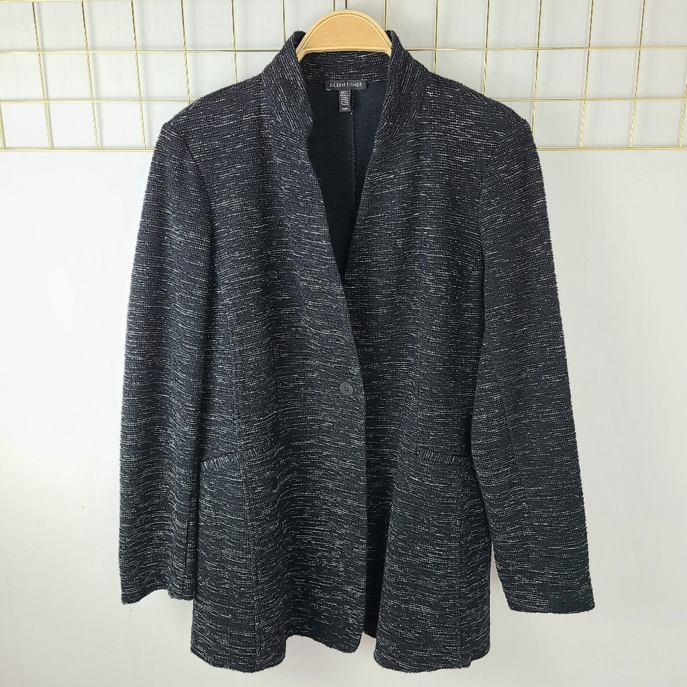 Eileen Fisher Black White One-Button Lagenlook Cardigan Sweater